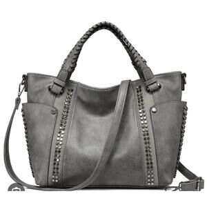Realer large gray faux leather hobo handbag purse studded edgy Bohemian chic